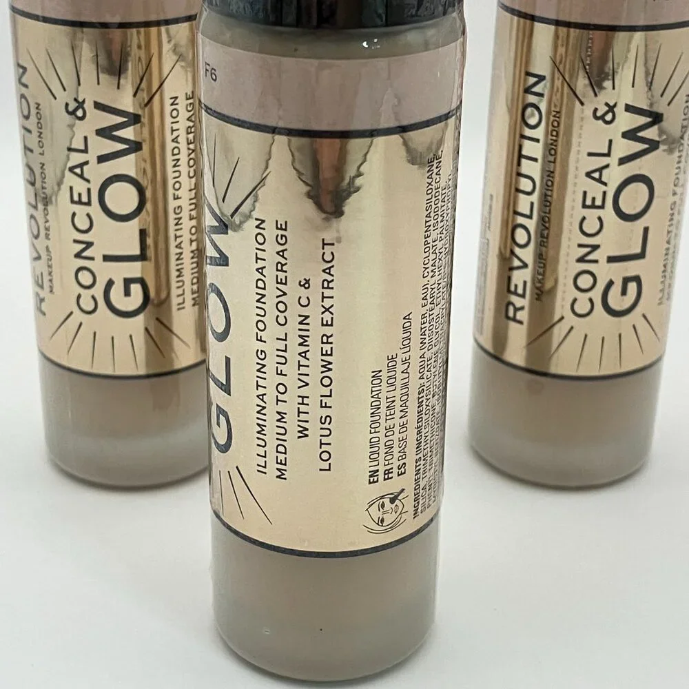 Revolution Conceal & Glow Foundation F6 - Illuminating, 23ml, Cruelty-Free 3set